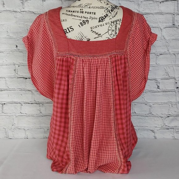 'FREE PEOPLE' 'BEĹĹA' EMBROIDED SQUARE-NECK PEASANT TOP FLUTTER-SLEEVE GINGHAM - Picture 3 of 16